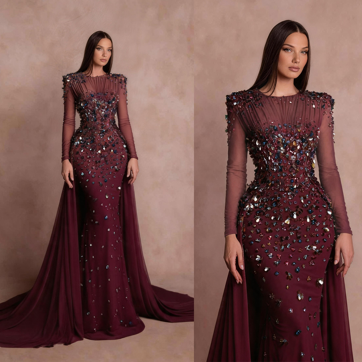 Exquisite Mermaid Evening Dress Handmade Crystal O Neck Prom Gowns Luxury Long Sleeve Floor-Length Party Dresses Customized