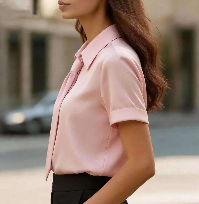 Elegant Satin Button Up Shirt with Detachable Tie for Women Short Sleeve Office Blouse
