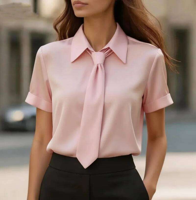 Elegant Satin Button Up Shirt with Detachable Tie for Women Short Sleeve Office Blouse