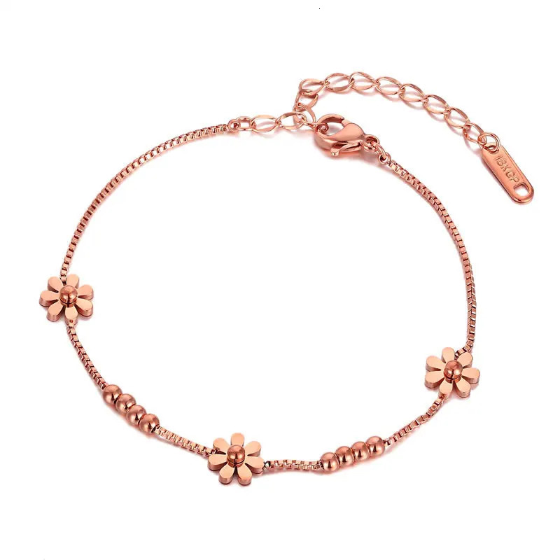 High Quality Box Chain Chrysanthemum And Beads Woman Anklet Stainless Steel Gold And Rose Color Gift 260512