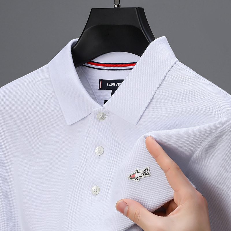 Luxury Brand Designer Mens Deep Navy Blue Shark Embroidered Classic Polo Collar Short Sleeve Soft Cotton Polo Shirt Summer Casual Comfortable Breathab