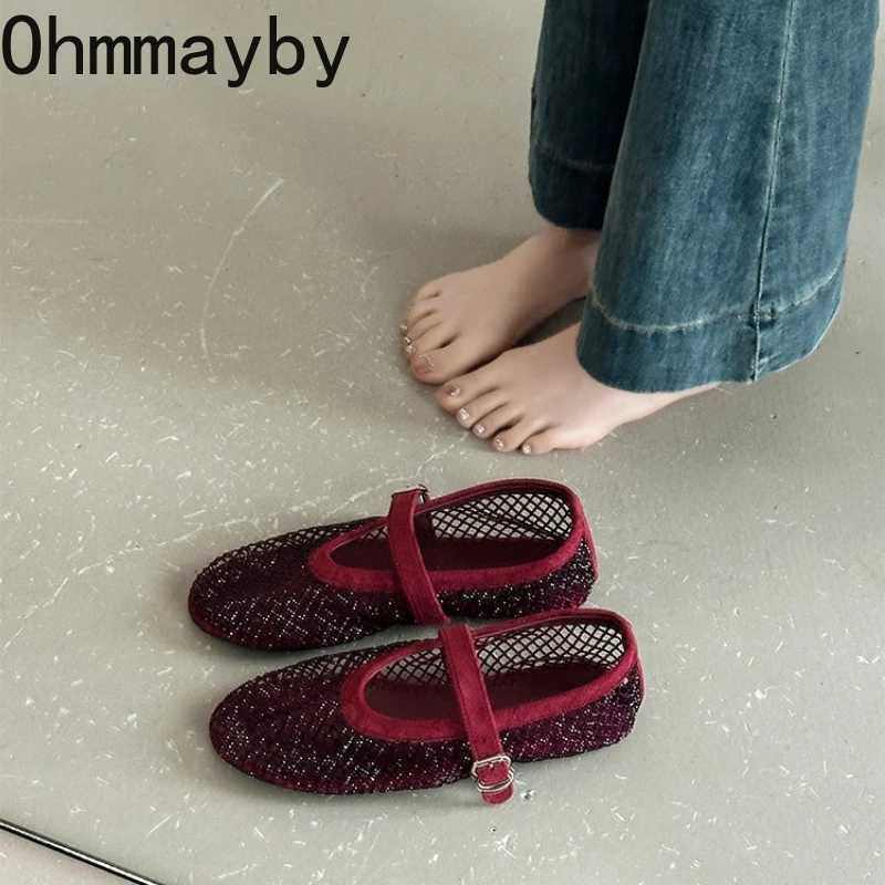 Womens Mesh Rhinestone Mary Jane Shoes Round Toe Buckle Strap Ballet Flats Breathable Hollow Out Casual Shoes for Daily Party X260514