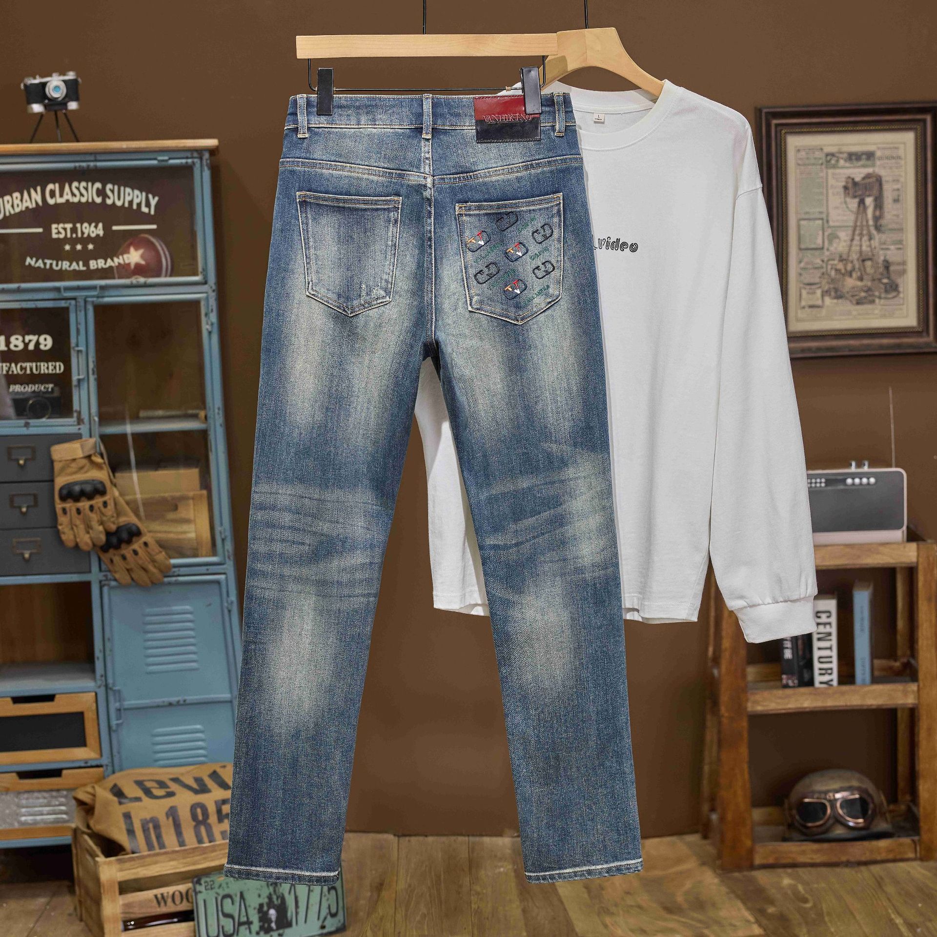 Luxury Brand Designer Men Dark Blue Jeans 2026 New Summer Slim Fit Elastic Denim Pants Camouflage Patchwork Pocket Fashion Male Long Trousers Skinny D