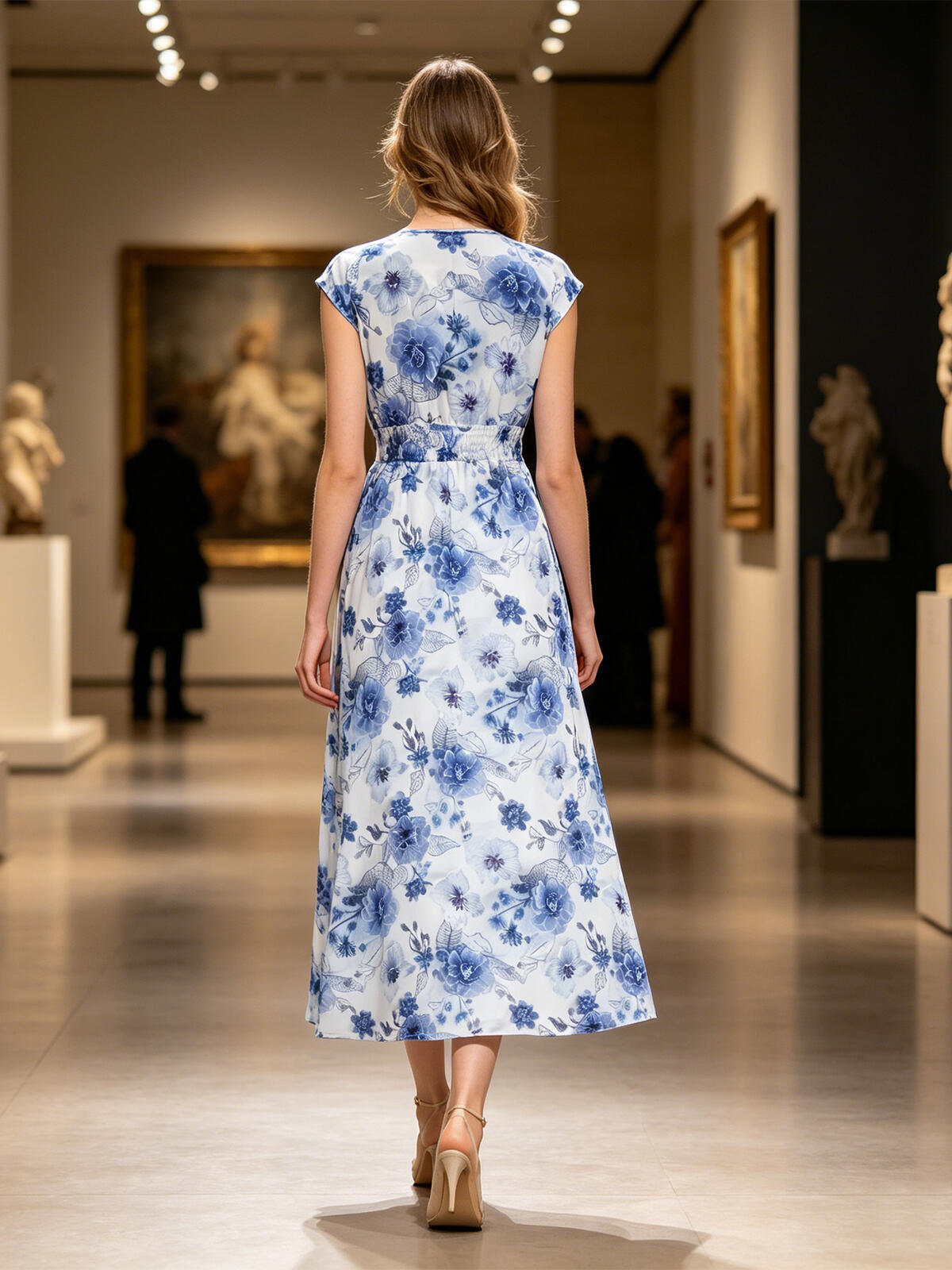 Luxury-lite ink-blue floral chiffon long dress. Elegant V-neck high-waisted slimming beach-style floral dress.