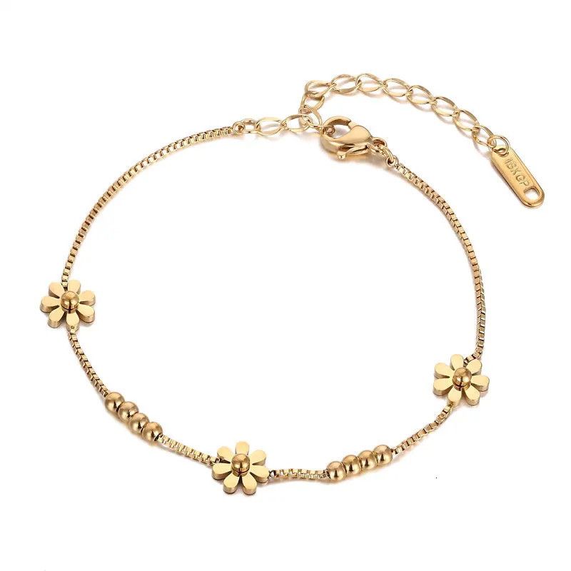 High Quality Box Chain Chrysanthemum And Beads Woman Anklet Stainless Steel Gold And Rose Color Gift 260512
