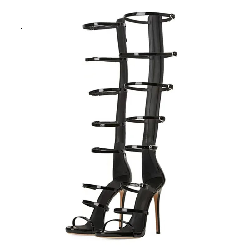 Summer Womens Cool Boots Sexy 10cm High Heel Sandals Buckle Black Gold Dress Party Womans Knee Boots Big Size 36-43 260514