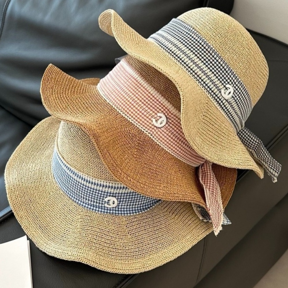 Designer Hat for Womens Adjustable Plaid Ribbon Straw Sun Hat Designer Straw Hat Breathable Wide Brim Dome Cap for Women Spring Summer Vacation