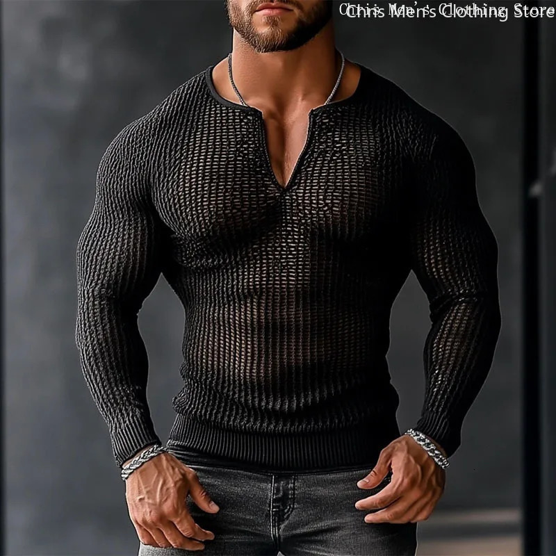 Casual Transparent Mesh Long Sleeve Shirt Sexy Perspective Men Long Sleeve V-neck T-shirt Top Bar Club Hollow Mesh Mens Top 260511 - view 3