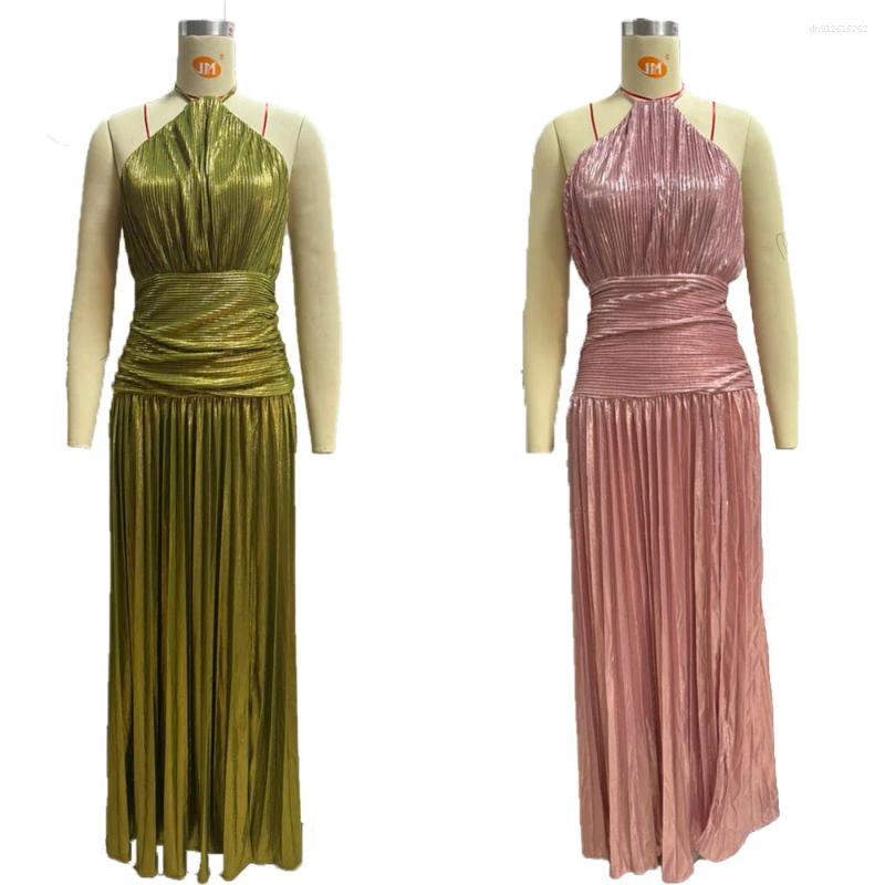 Casual Dresses Gold Halter Neck Evening Dress Woman Chic Solid Color Pleated Backless Package Hip Slit Fashion Trendy Lady Party Vestidos - view 5