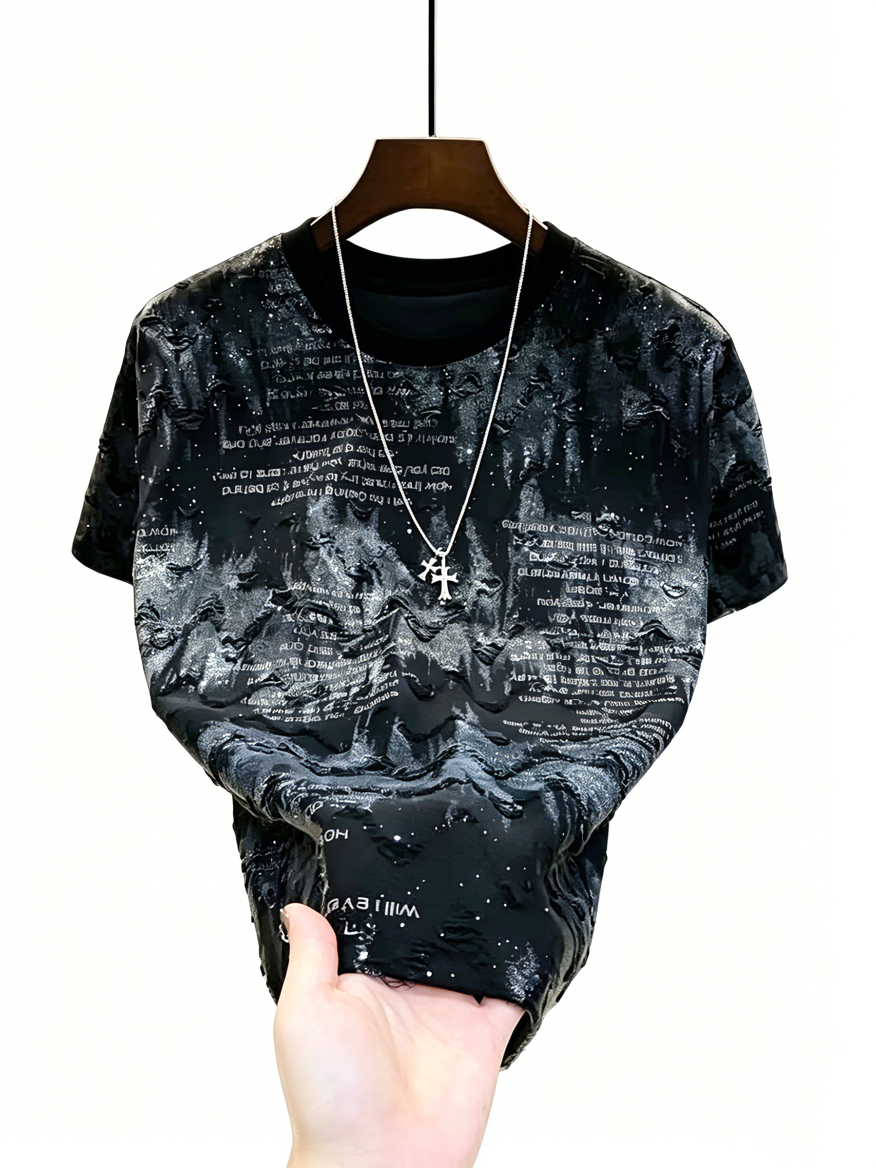 Summer new trendy brand retro American gypsy tie-dye round neck short-sleeved men's T-shirt light luxury ripped versatile half-sleeve bottoming s