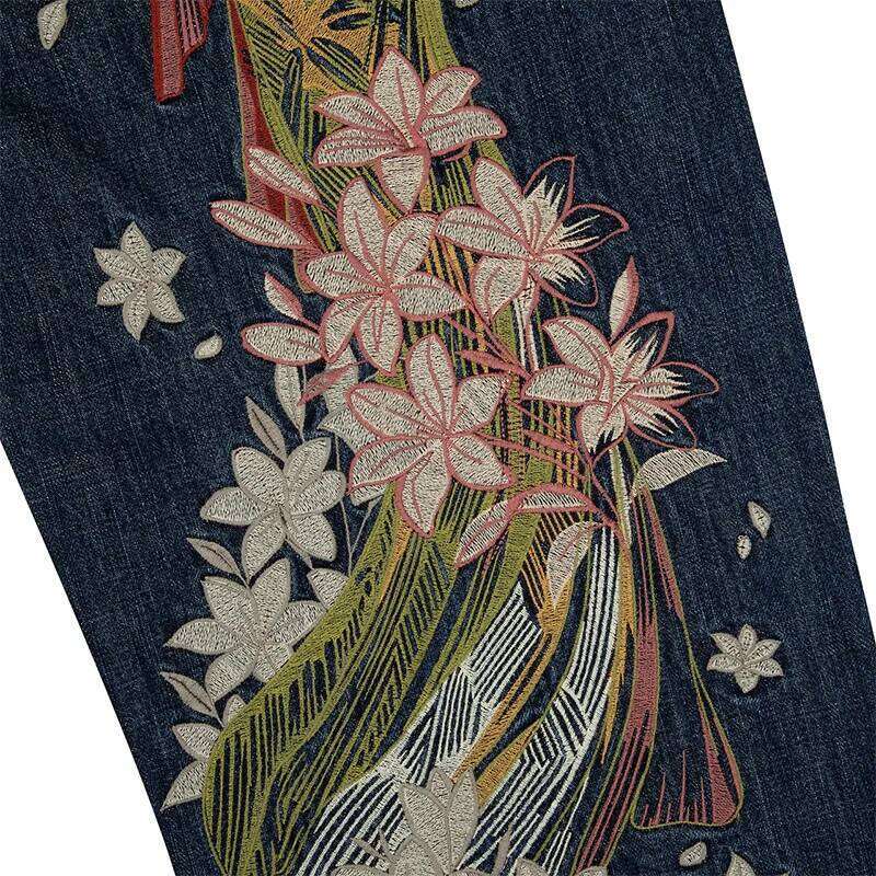Japanese Kimono Girl Floral Embroidery Woman Wide Leg Waisted Pants Y2k Artistic Design High Waist Trend Women Jeans - view 6