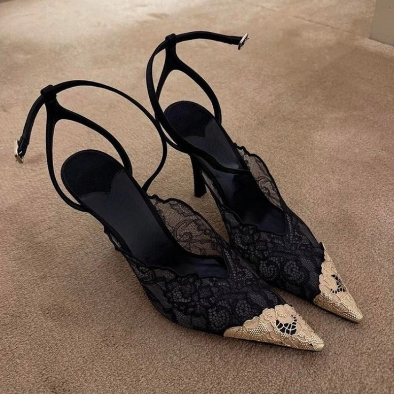Spring Fashion Lace Sequin Hollow Out Mesh Women Pumps Sexy Pointed Toe ner Low Heels Slingback Sandals 260514