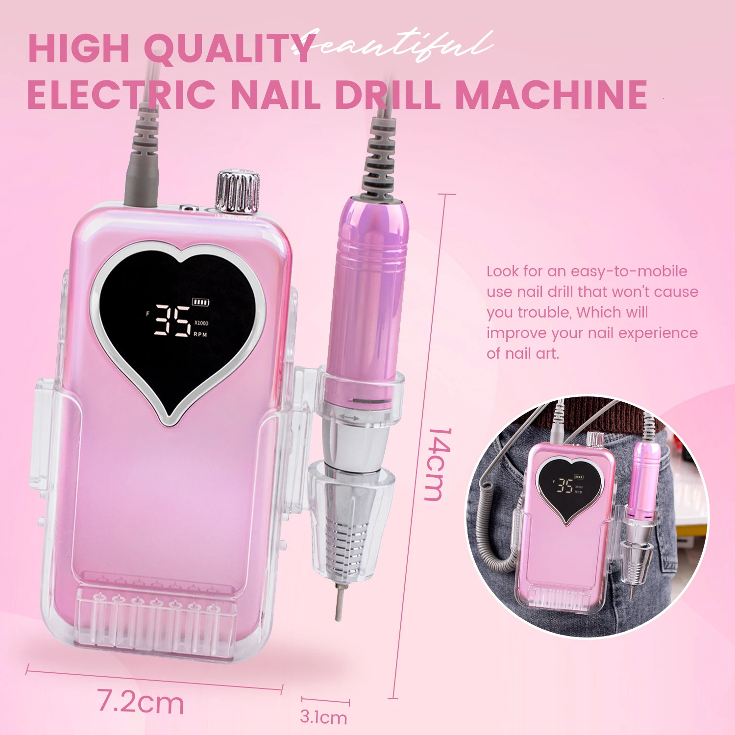 35000 RPM Professional Nail Drill Machine HeartShape Rechargeable Nail File Manicure Pedicure Polishing for Home Salon 260514 - view 4