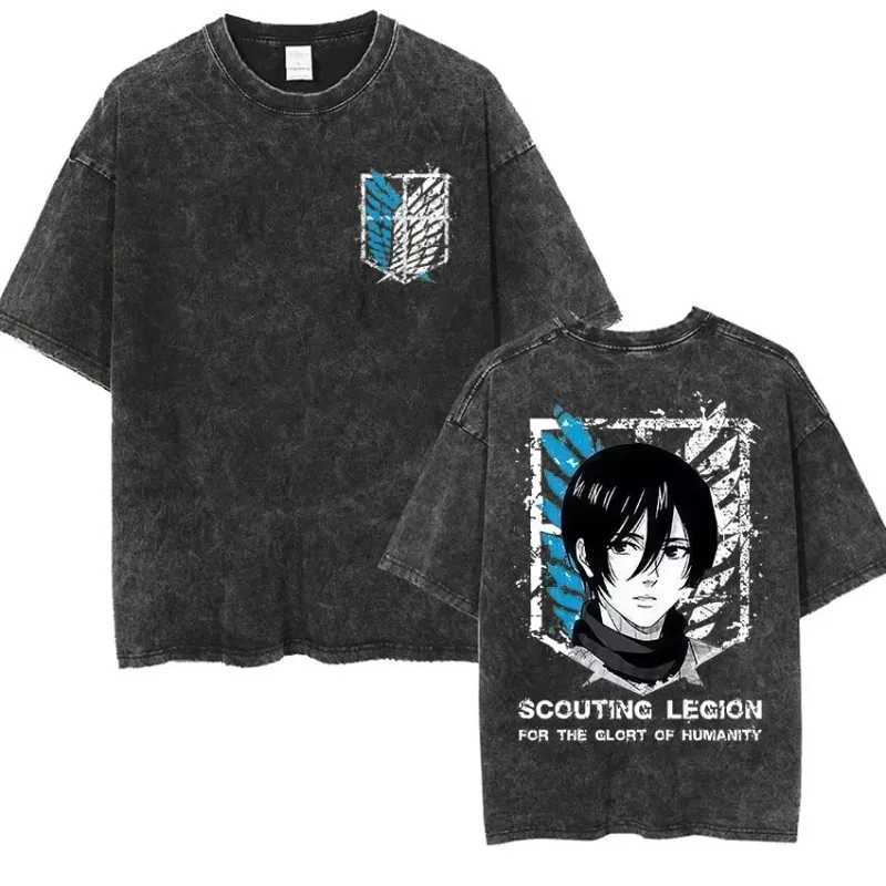 Anime Attack Titan Retro Wash Printed T-shirt Mikasa Ackerman Eren Jaeger Free Wings Pattern Mens Summer T-shirt L260513