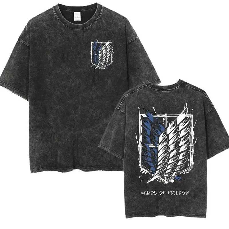 Anime Attack Titan Retro Wash Printed T-shirt Mikasa Ackerman Eren Jaeger Free Wings Pattern Mens Summer T-shirt L260513