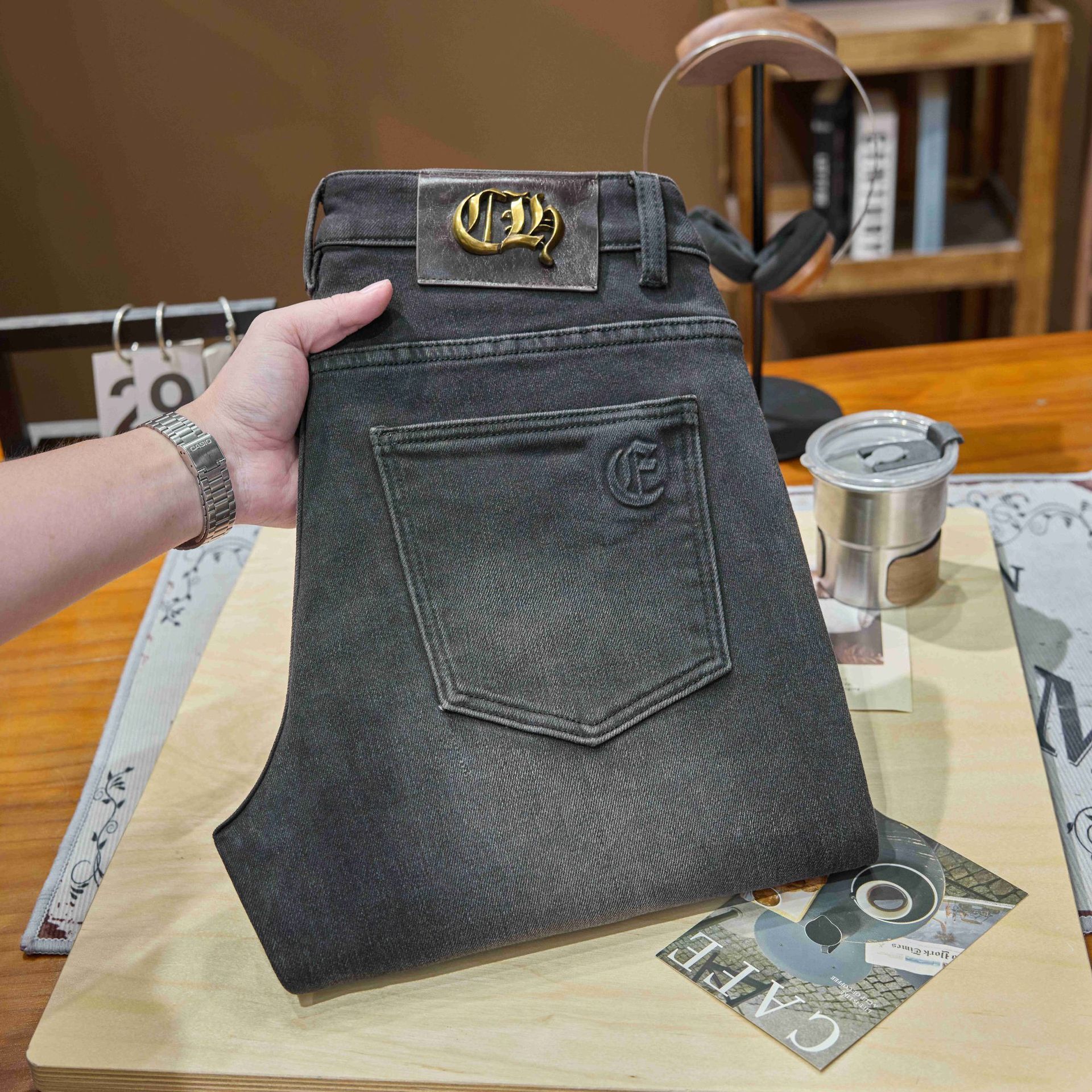 Luxury Brand Designer Men Dark Blue Jeans 2026 New Summer Slim Fit Elastic Denim Pants Camouflage Patchwork Pocket Fashion Male Long Trousers Skinny D