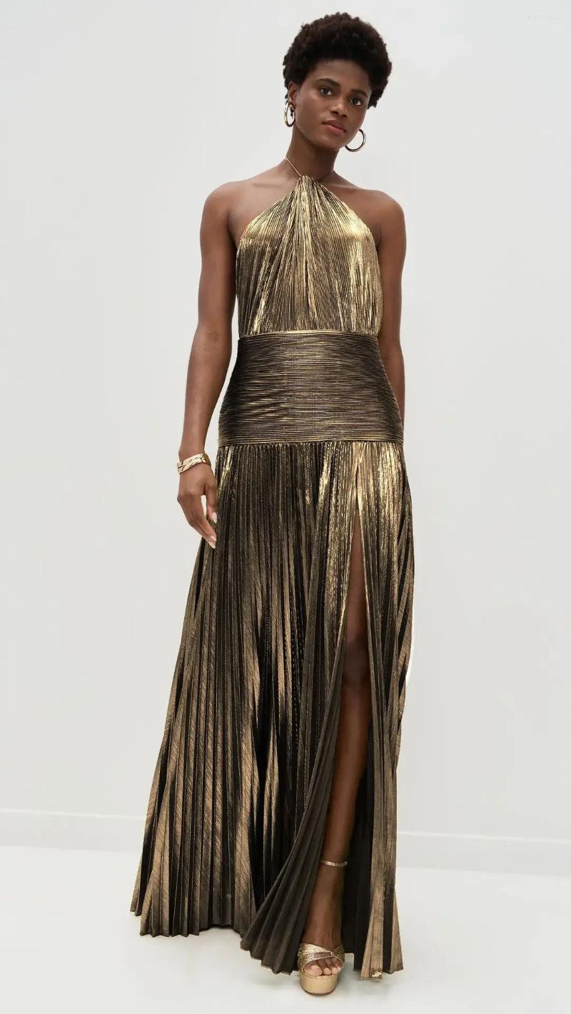 Casual Dresses Gold Halter Neck Evening Dress Woman Chic Solid Color Pleated Backless Package Hip Slit Fashion Trendy Lady Party Vestidos - view 8
