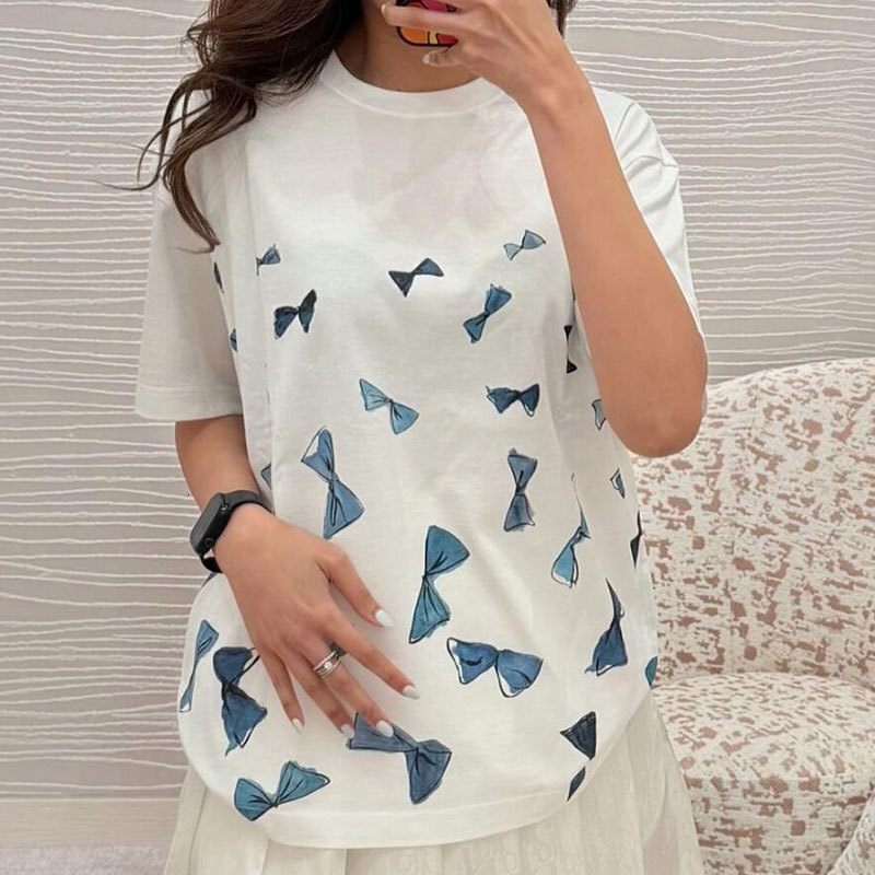 Designer Ladies Bow Jacquard Cotton Crewneck Short Sleeve T-shirt Luxury Classic Pure Cotton Top, Vintage Chic Breathable High Quality Elegant Wear Fo