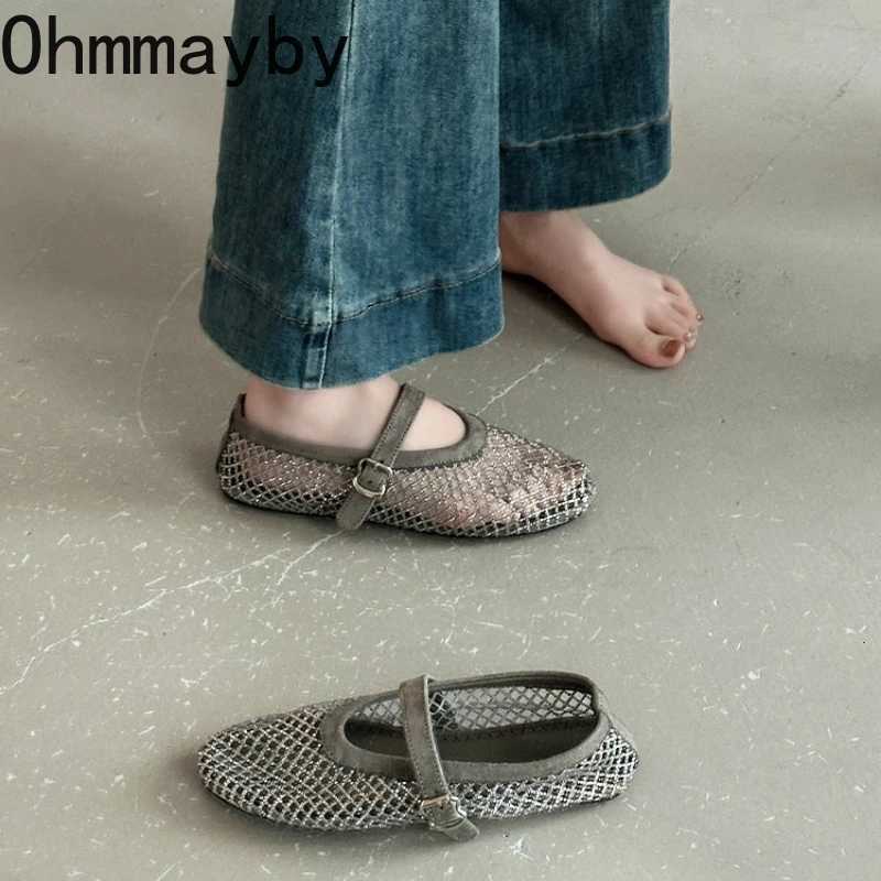 Womens Mesh Rhinestone Mary Jane Shoes Round Toe Buckle Strap Ballet Flats Breathable Hollow Out Casual Shoes for Daily Party X260514
