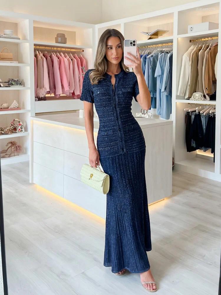 Casual Dresses Summer Luxury Navy Blue Tweed Knit Maxi Dress Women Elegant Short Sleeve Button Front Pocket Mermaid Hem Formal Party Outfit