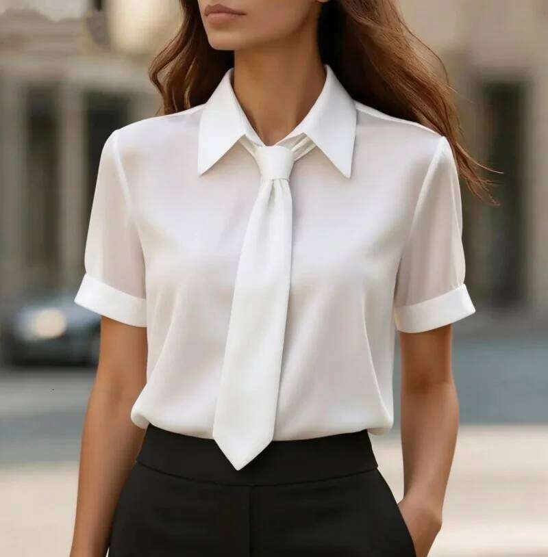 Elegant Satin Button Up Shirt with Detachable Tie for Women Short Sleeve Office Blouse