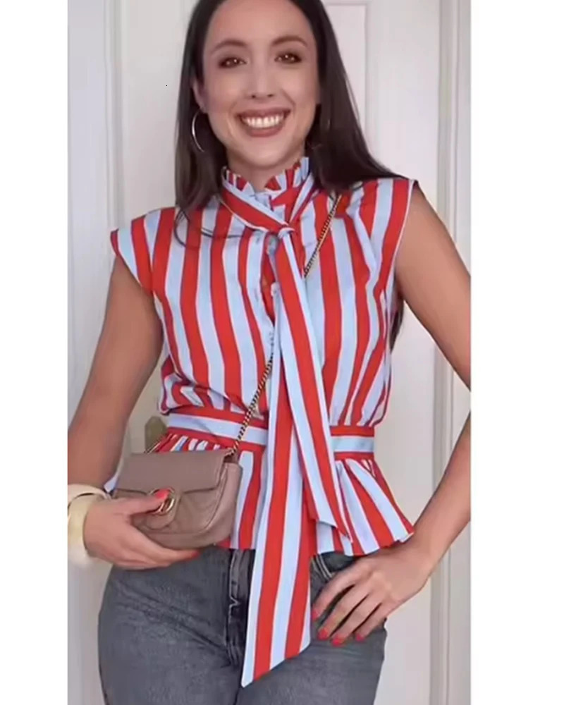 Womens Shirt 2026 Spring Summer Bowknot Sleeveless Striped for Women Casual Chic Personality Female 260513