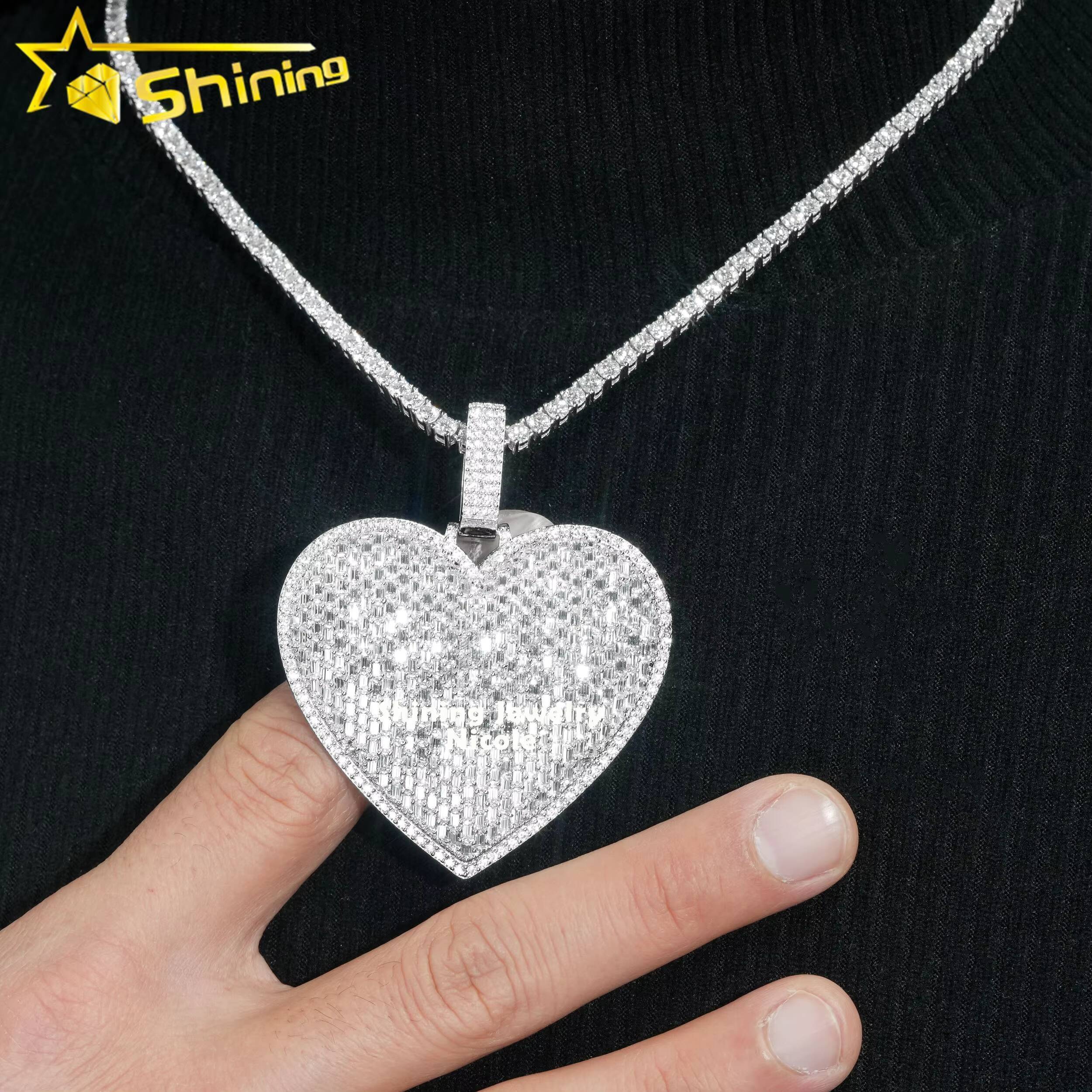 Luxury Big Heart Fully Iced Out Baguette Diamond Silver 925 Custom Moissanite Hip Hop Pendant