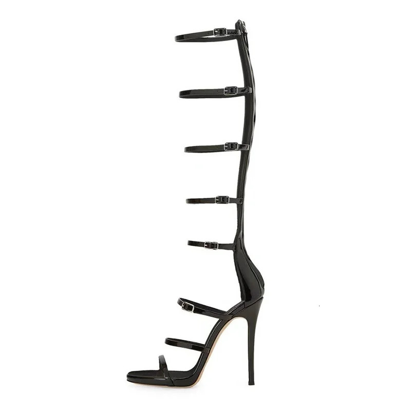 Summer Womens Cool Boots Sexy 10cm High Heel Sandals Buckle Black Gold Dress Party Womans Knee Boots Big Size 36-43 260514