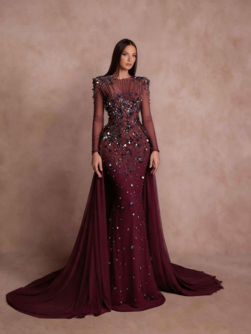 Exquisite Mermaid Evening Dress Handmade Crystal O Neck Prom Gowns Luxury Long Sleeve Floor-Length Party Dresses Customized