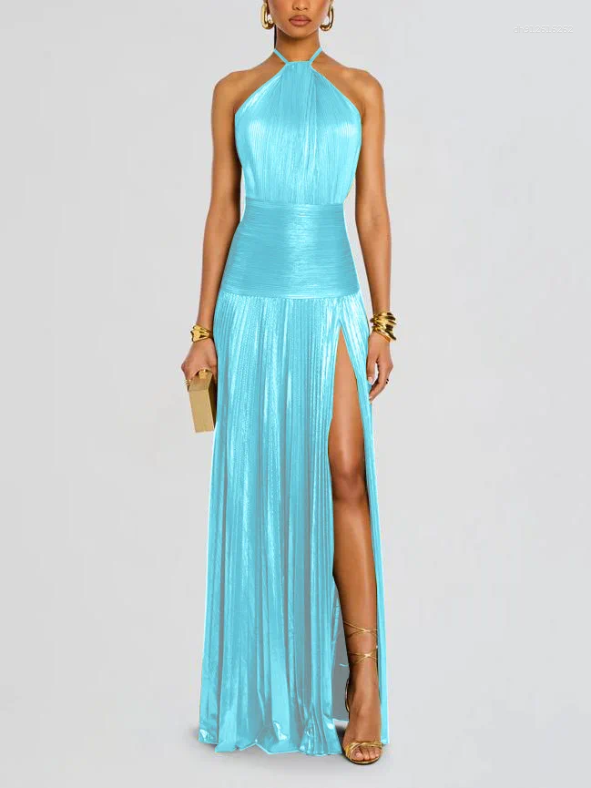 Casual Dresses Gold Halter Neck Evening Dress Woman Chic Solid Color Pleated Backless Package Hip Slit Fashion Trendy Lady Party Vestidos - view 9
