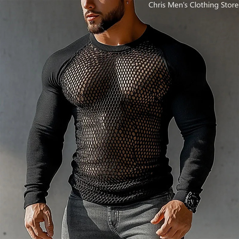 Casual Transparent Mesh Long Sleeve Shirt Sexy Perspective Men Long Sleeve V-neck T-shirt Top Bar Club Hollow Mesh Mens Top 260511 - view 5