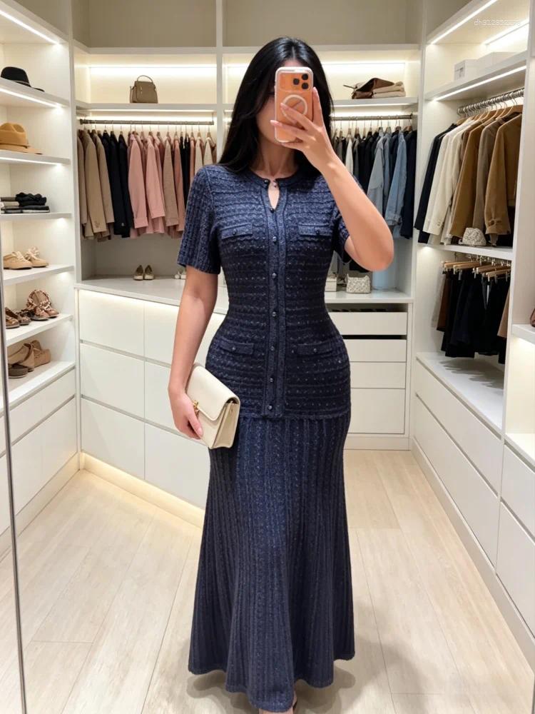 Casual Dresses Summer Luxury Navy Blue Tweed Knit Maxi Dress Women Elegant Short Sleeve Button Front Pocket Mermaid Hem Formal Party Outfit