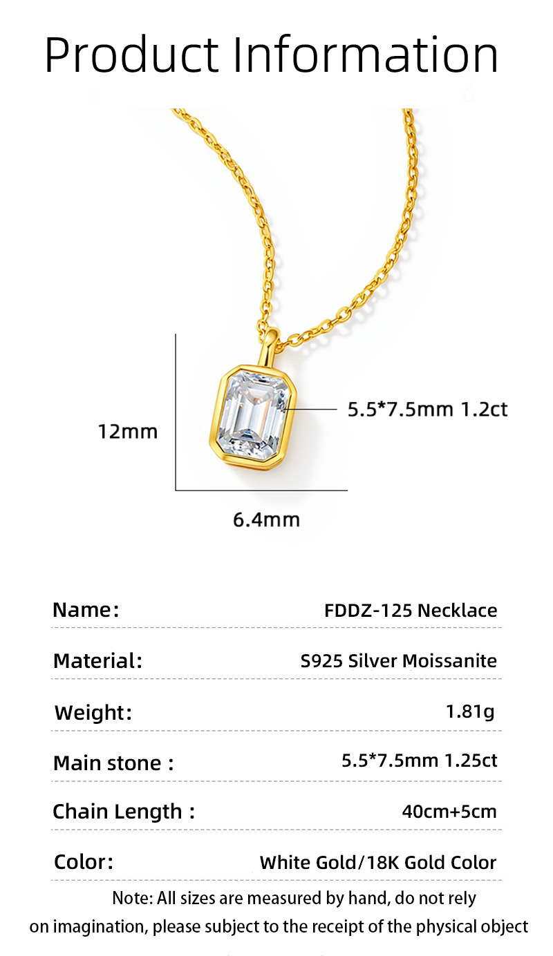 TaiYang S925 Sterling Silver Emerald Cut Rectangle Moissanite Necklace Women French Elegant Bezel Setting Sparkling Diamond Clavicle Chain Fine Jewelr