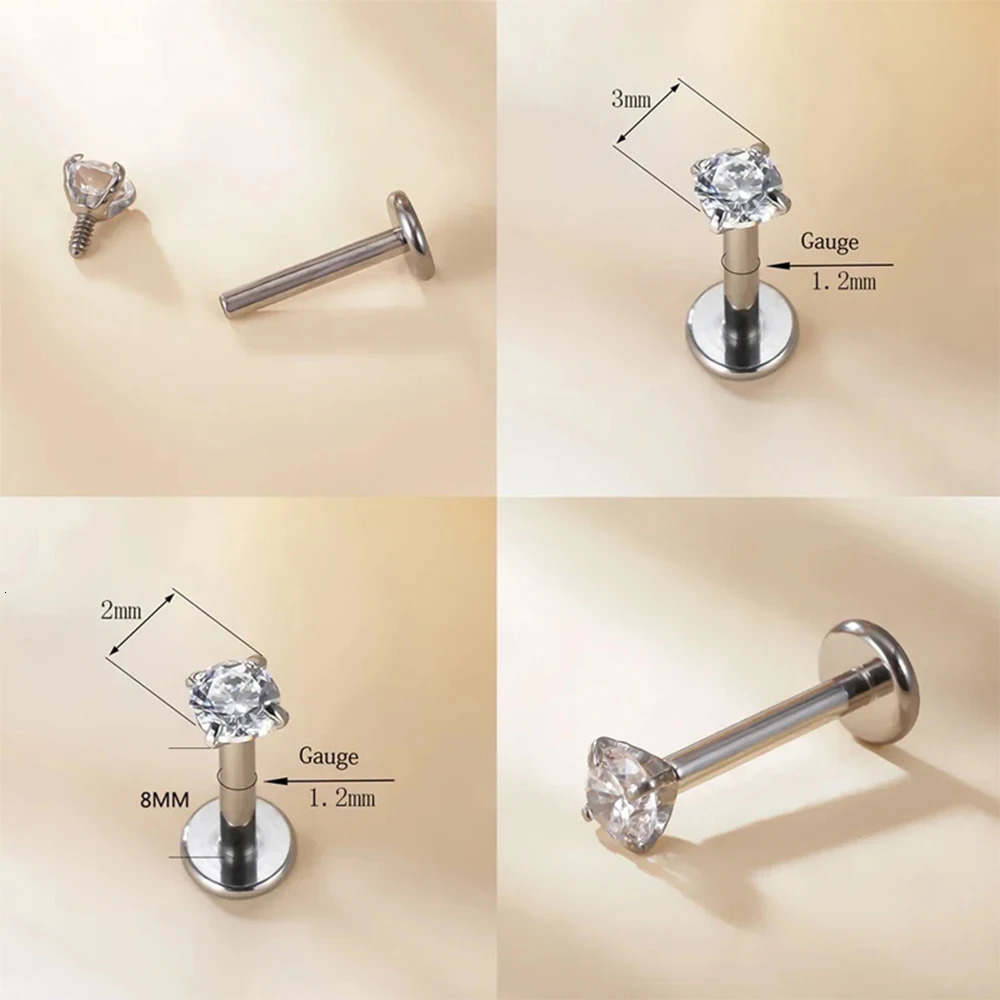 10/50PCS G23 Ttianium Piercing 2/25/3/4mmCZ Labret Lip Stud 16G Internal Thread Stud Earring Ear Tragus Cartilage Helix Jewelry 260512 - view 3