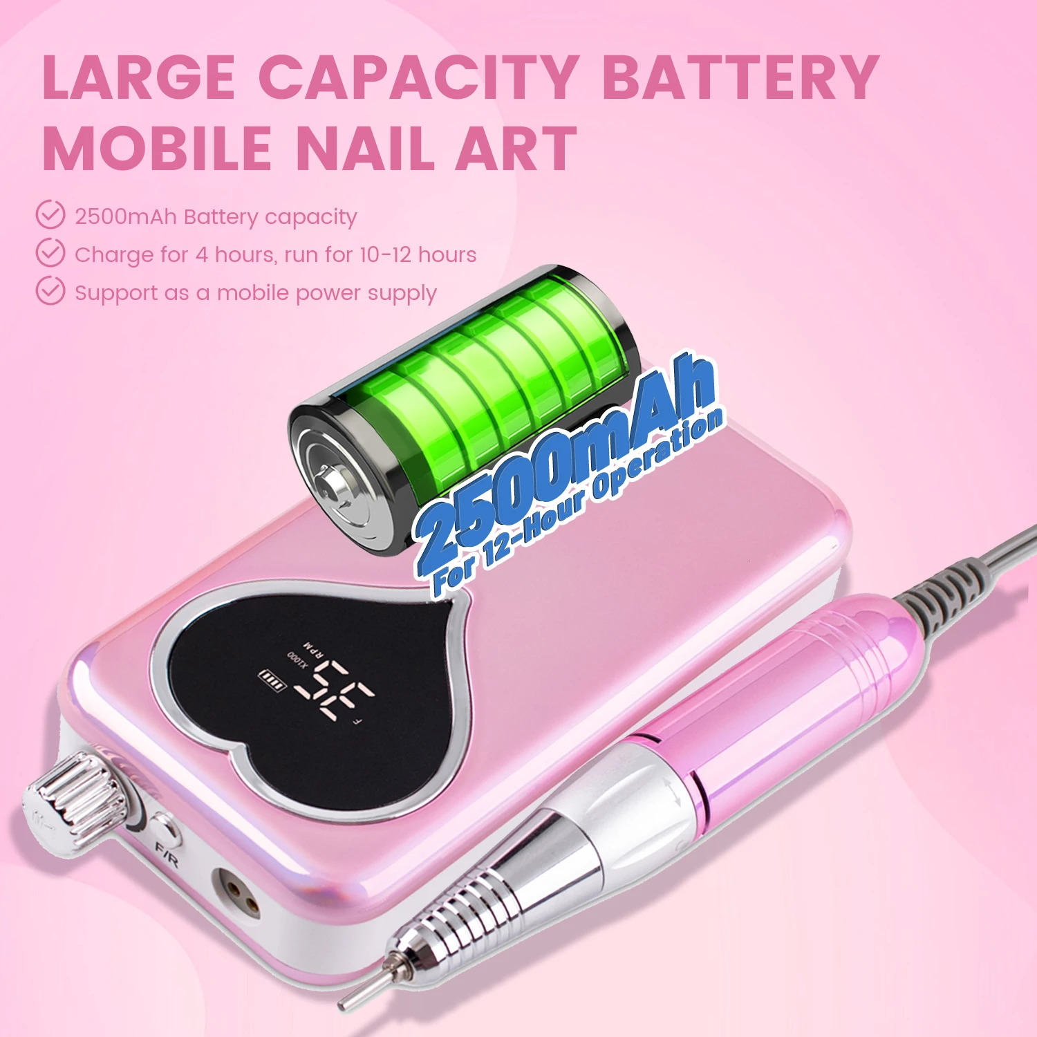 35000 RPM Professional Nail Drill Machine HeartShape Rechargeable Nail File Manicure Pedicure Polishing for Home Salon 260514 - view 6