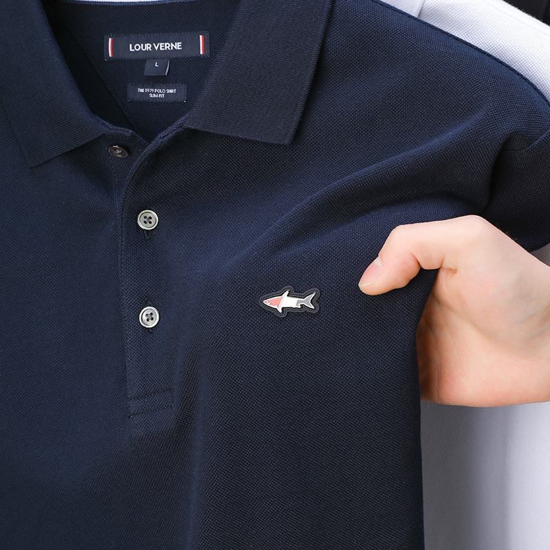 Luxury Brand Designer Mens Deep Navy Blue Shark Embroidered Classic Polo Collar Short Sleeve Soft Cotton Polo Shirt Summer Casual Comfortable Breathab