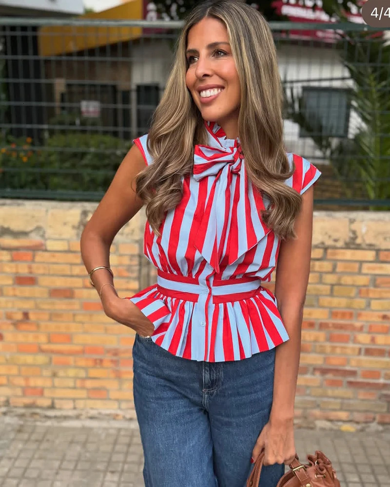 Womens Shirt 2026 Spring Summer Bowknot Sleeveless Striped for Women Casual Chic Personality Female 260513