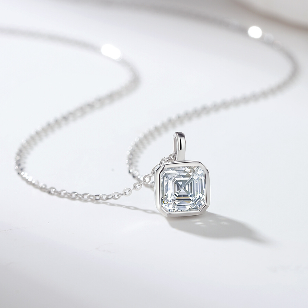 TaiYang 925 Sterling Silver 6.5mm Moissanite Necklace Women French Square Bezel Setting Chamfered Pendant Minimalist Sparkling Clavicle Chain Fine Jew