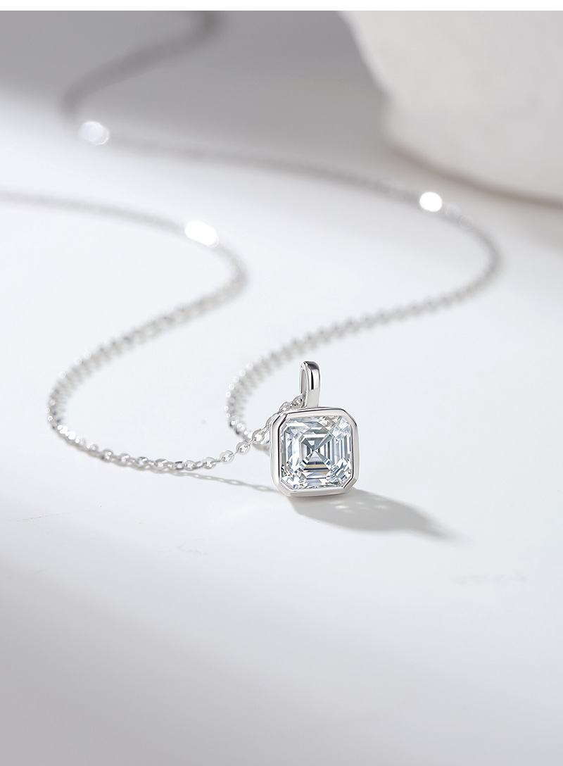 TaiYang 925 Sterling Silver 6.5mm Moissanite Necklace Women French Square Bezel Setting Chamfered Pendant Minimalist Sparkling Clavicle Chain Fine Jew