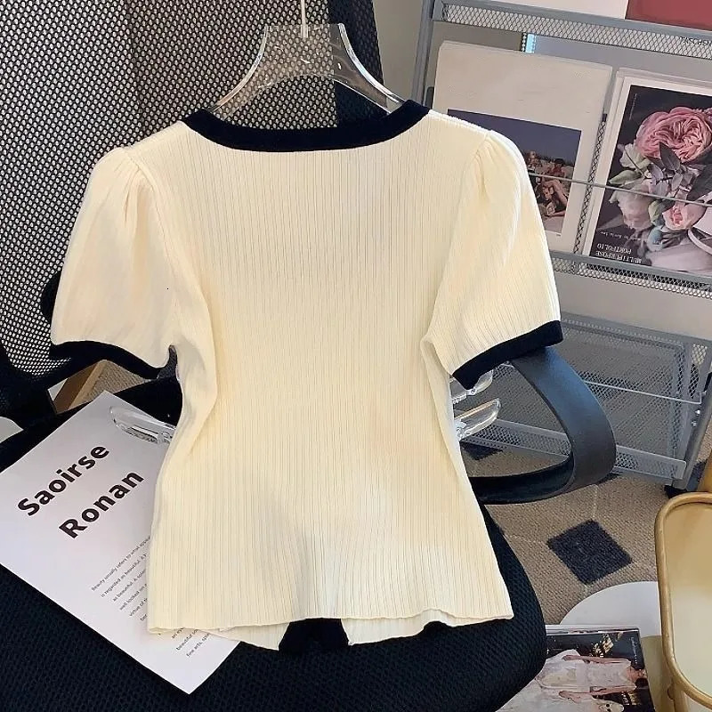 Womens Graceful Square Patchwork Bowknot Slim Knit T Shirts Lady Summer Short Sleeve Daily Joker Tops Female 260514