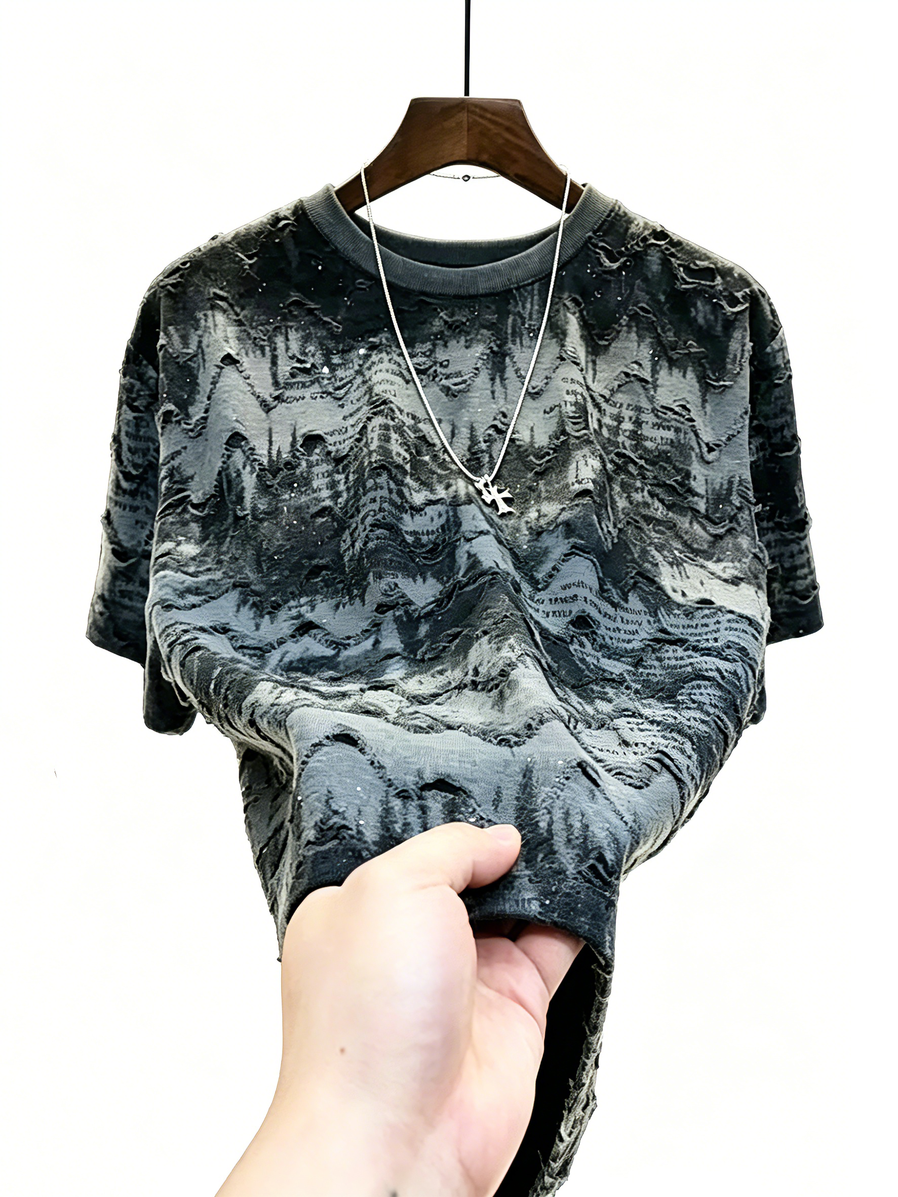 Summer new trendy brand retro American gypsy tie-dye round neck short-sleeved men's T-shirt light luxury ripped versatile half-sleeve bottoming s