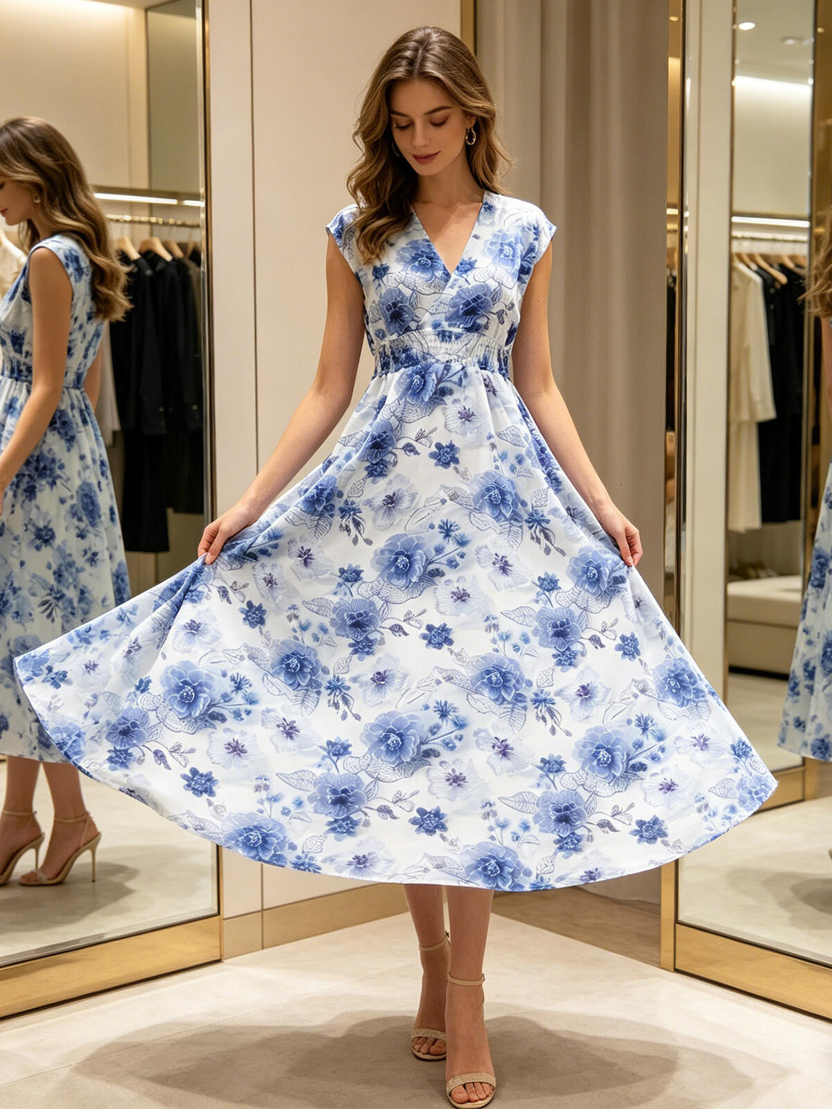 Luxury-lite ink-blue floral chiffon long dress. Elegant V-neck high-waisted slimming beach-style floral dress.