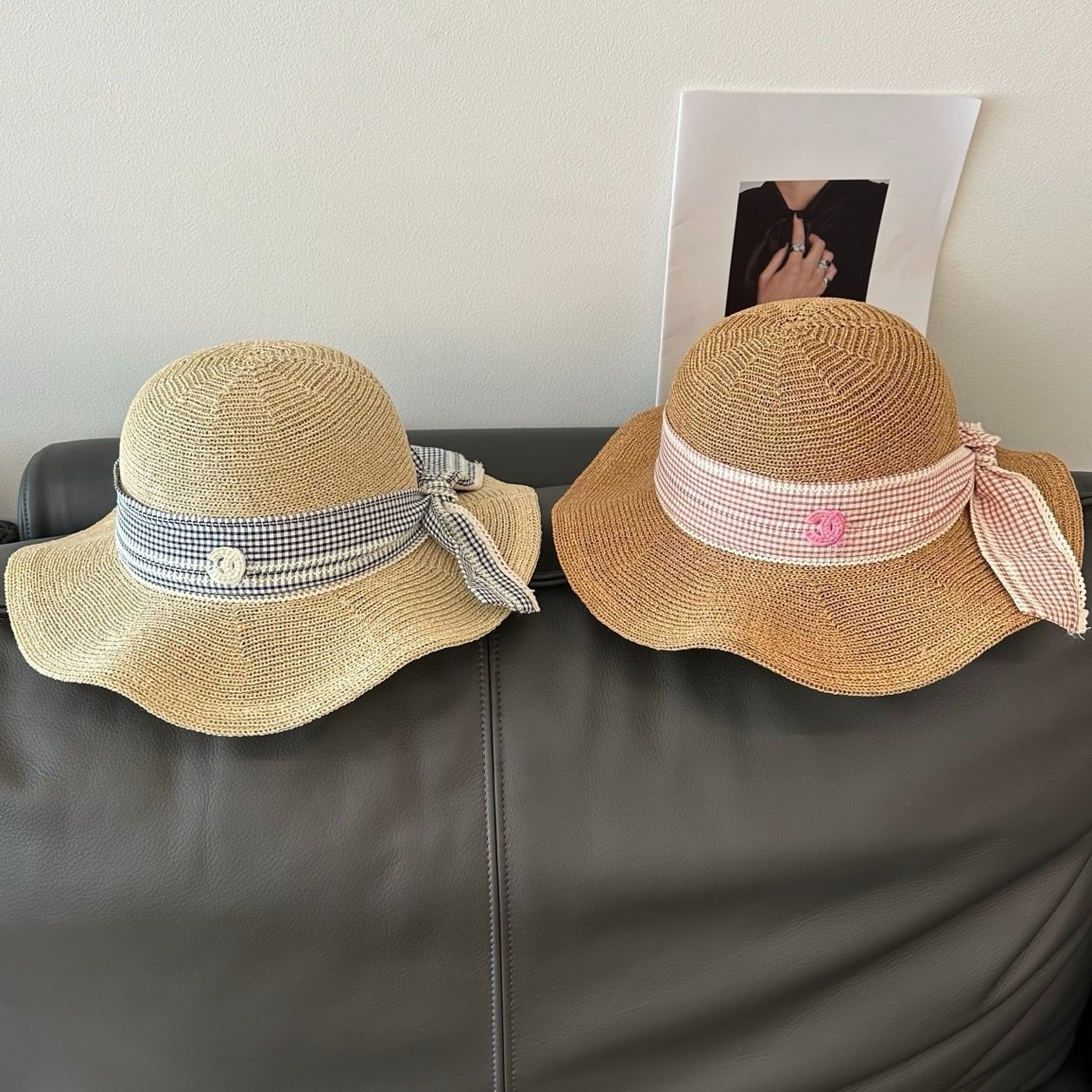 Straw Hat Women's Plaid Bow Wide Brim Straw Sun Hat Designer Hat UV Protection Foldable Dome Hat for Summer Beach Daily Wear