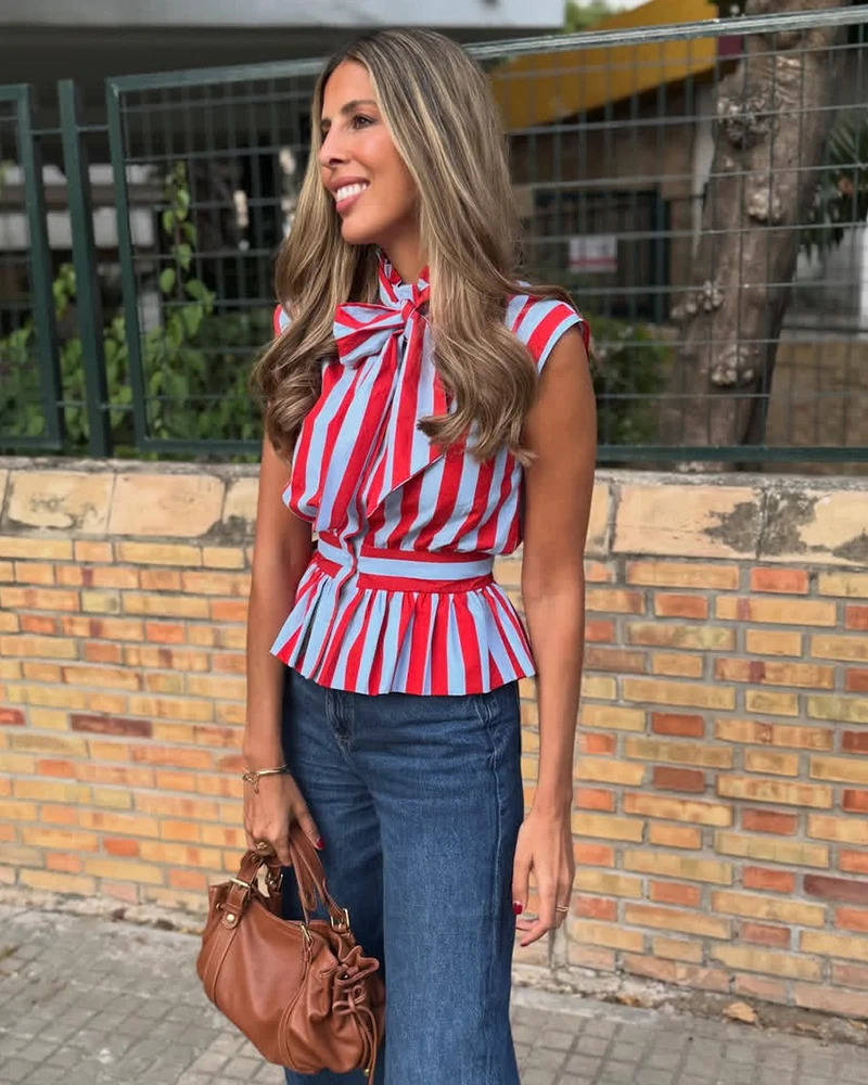 Womens Shirt 2026 Spring Summer Bowknot Sleeveless Striped for Women Casual Chic Personality Female 260513