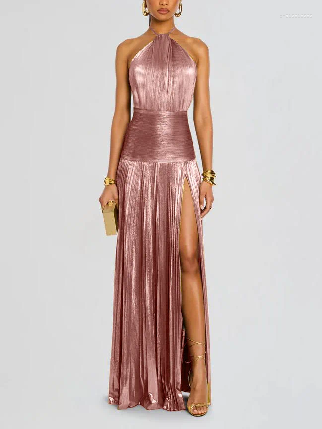Casual Dresses Gold Halter Neck Evening Dress Woman Chic Solid Color Pleated Backless Package Hip Slit Fashion Trendy Lady Party Vestidos - view 7