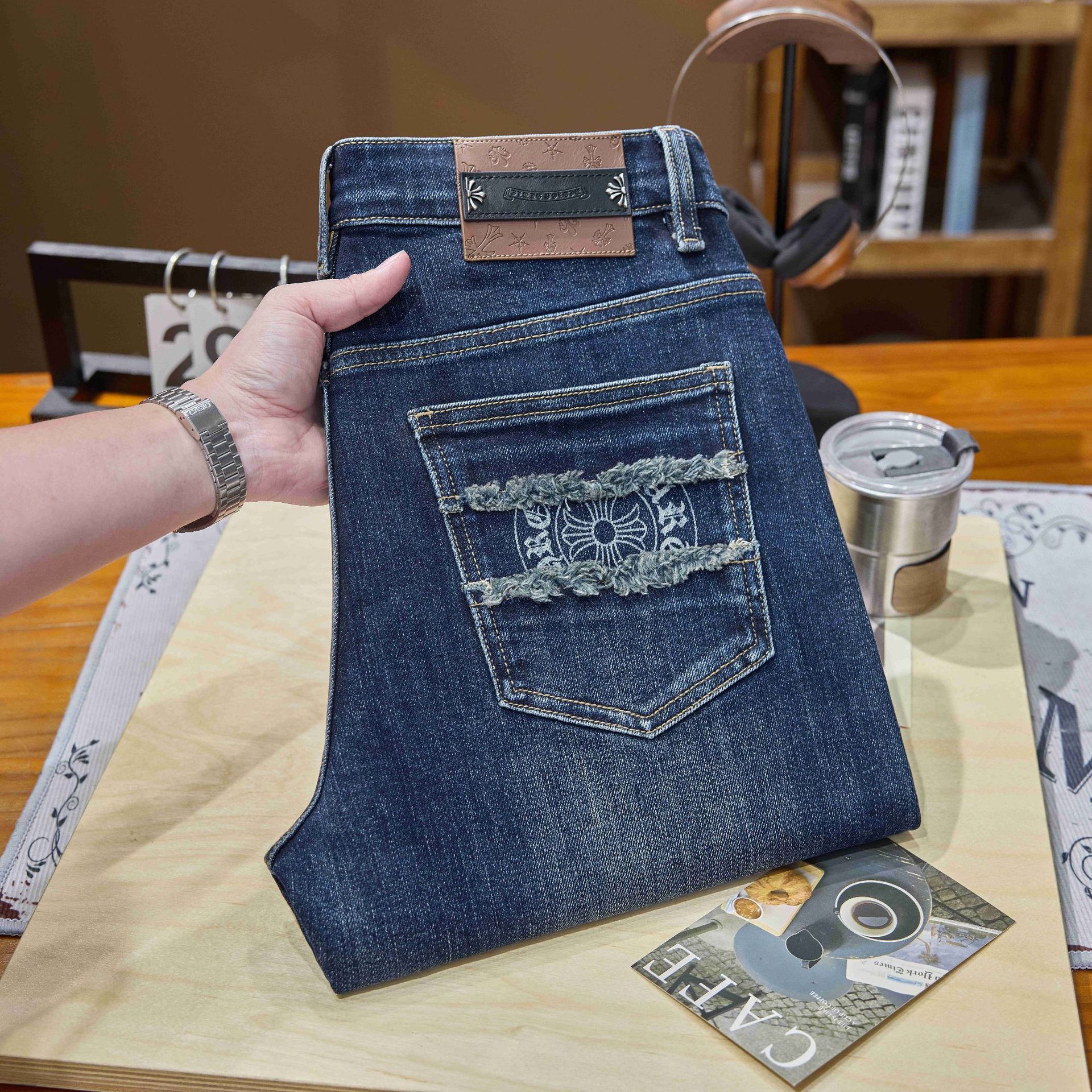 Luxury Brand Designer Men Dark Blue Jeans 2026 New Summer Slim Fit Elastic Denim Pants Camouflage Patchwork Pocket Fashion Male Long Trousers Skinny D