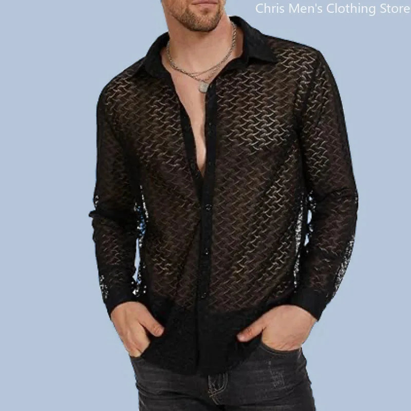 Casual Transparent Mesh Long Sleeve Shirt Sexy Perspective Men Long Sleeve V-neck T-shirt Top Bar Club Hollow Mesh Mens Top 260511 - view 7