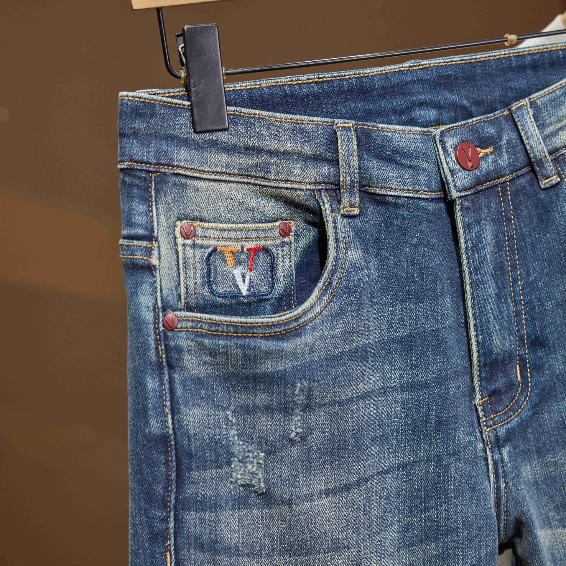 Luxury Brand Designer Men Dark Blue Jeans 2026 New Summer Slim Fit Elastic Denim Pants Camouflage Patchwork Pocket Fashion Male Long Trousers Skinny D