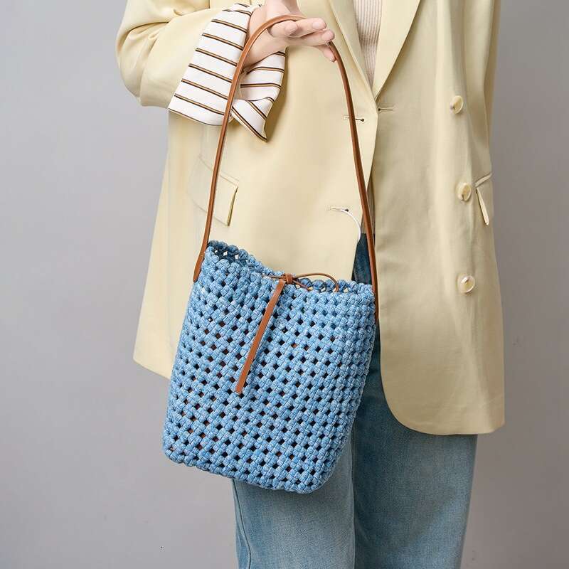 Casual Denim Mother Daughter Bucket Bag Hollow Handwoven Design Large Capacity Black Single Shoulder Handheld Commuter Women Bag SENYY