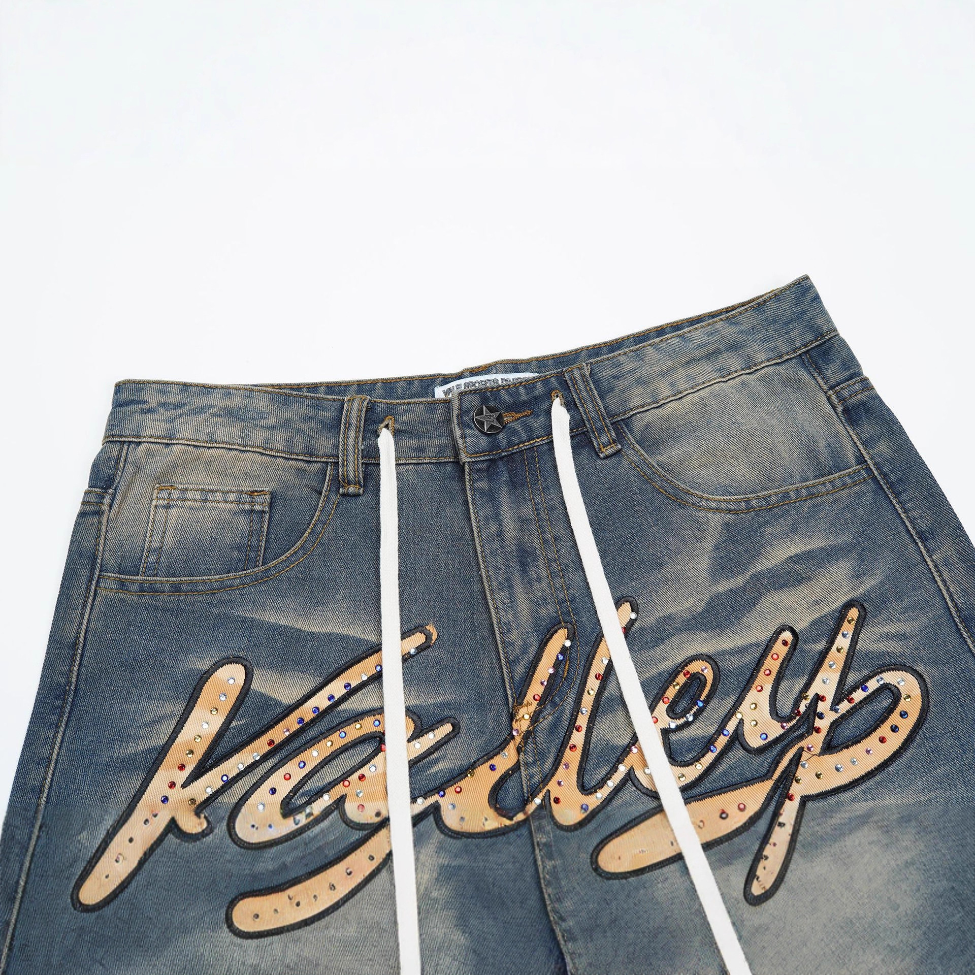 Designer American fashion brand Vale Valley letter embroidery, washed ink splatter sketch, rhinestone embellished, pure cotton straight denim shorts